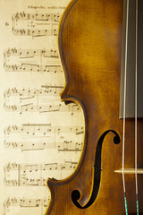Vintage viola on sheet music background