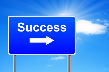 Success road sign with arrow on sky background.