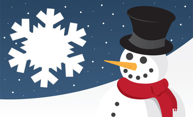 Snowman scene with large snowflake.