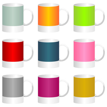 Colorful mugs isolated over square white background