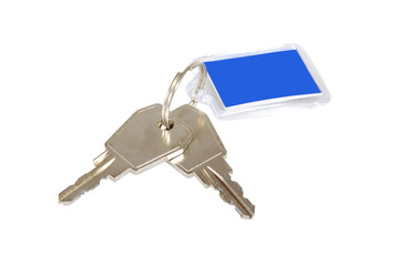 Two keys on a keyring with a blank key isolated over white