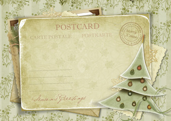 Vintage background with postcard and Christmas tree.