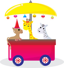 Obraz premium Dog giraffe and zebra sitting on the bus.