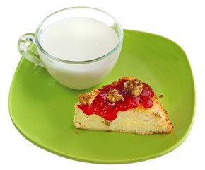 A cup of milk with cheese cake