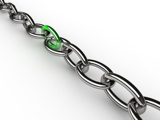 Chain with an outstanding green link over white Background