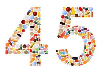 Numbers 4 and 5 made of various colorful pills