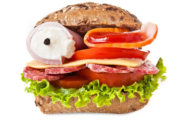 Home made Monster Sandwich on a white background