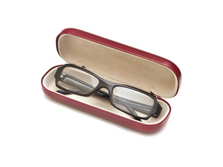Black glasses with case, isolated on white background