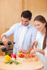 Portrait of a young man pouring a glass of wine while his wife i