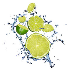 Limes with water splash, isolated on white background