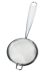 Round metal tea strainer isolated on white