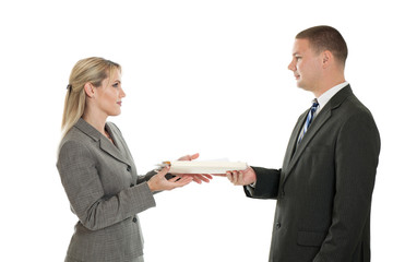 Business people passing a folder isolated on white