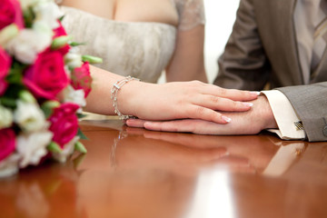 Hands of the groom and the bride