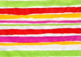Fototapeta premium This close-up photograph features hand-drawn watercolor stripes in vibrant red, pink, yellow, and green on textured paper, creating a colorful and artistic pattern.