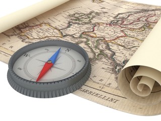 Old Map and Compass Isolated on white