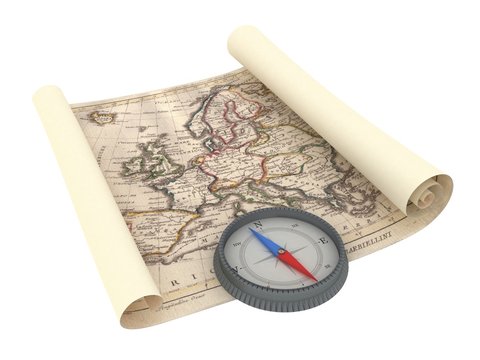 Fototapeta Old Map and Compass Isolated on white