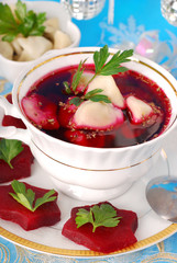red borscht with ravioli