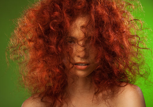 Red Curly Hair Woman Beauty Portrait