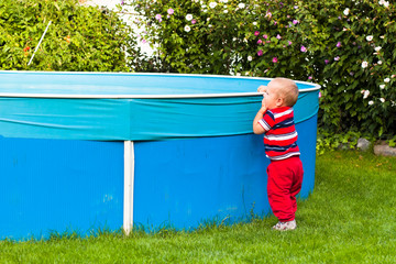 Toddler boy exploring garden swimming pool