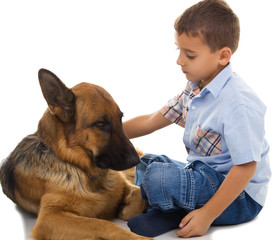 little boy with big dog