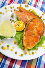Roasted salmon in the plate