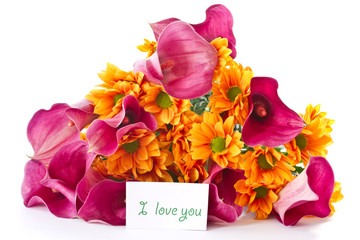 bouquet of calla lilies and orange chrysanthemums