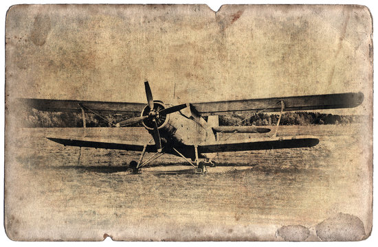Vintage military postcard isolated, old biplane