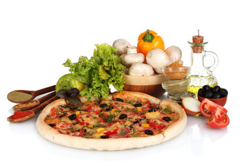 delicious pizza, vegetables, spices and oil isolated on white