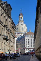Street Augustusstrasse and view on the Frauenkirche in Dresden,