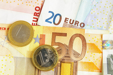 Closeup of Euro money, bills and coins