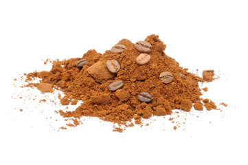 Pile of Ground Coffee and Coffee Beans on White Background