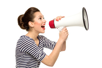 Attractive woman with megaphone - obrazy, fototapety, plakaty