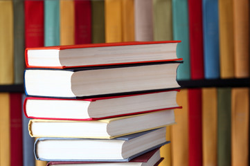 Stacked books and bookshelves