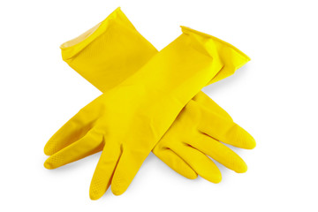 yellow rubber gloves for washing dishes on a white background