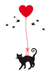 cat with heart balloon, vector