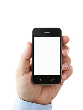Hand holding blank smart phone with clipping path for the screen