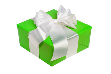 beautiful green gift with white ribbon isolated on white