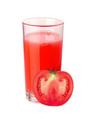 Tomato juice in glass and slice of fresh tomato isolated on whit
