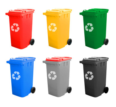 Colorful Recycle Bins Isolated With Recycle Sign