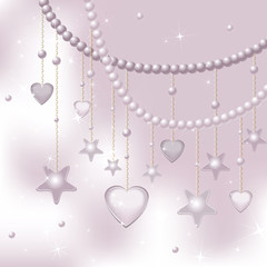 Pink pearls, stars and hearts on a light background
