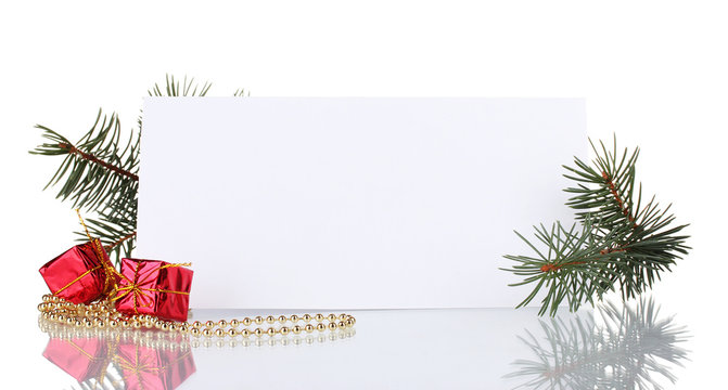 blank postcard, gifts, beads and fir-tree isolated on white