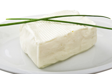 Soft cheese block in a plate