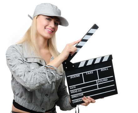 Young Happy Woman With Cinema Clapper Board