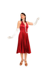 young woman in red dress and white gloves