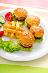 Burgers with french fries in plate