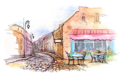 Selbstklebende Fototapete Gezeichnetes Straßencafé Cafe