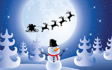 vector santa claus, trees and snowman