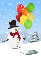 Happy snowman holding colorful balloons