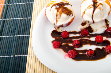 Food concept with ice cream and fruits