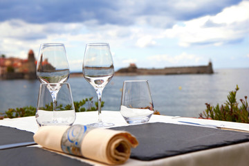 Restaurant, Collioure, table, vue, gastronomie, mer